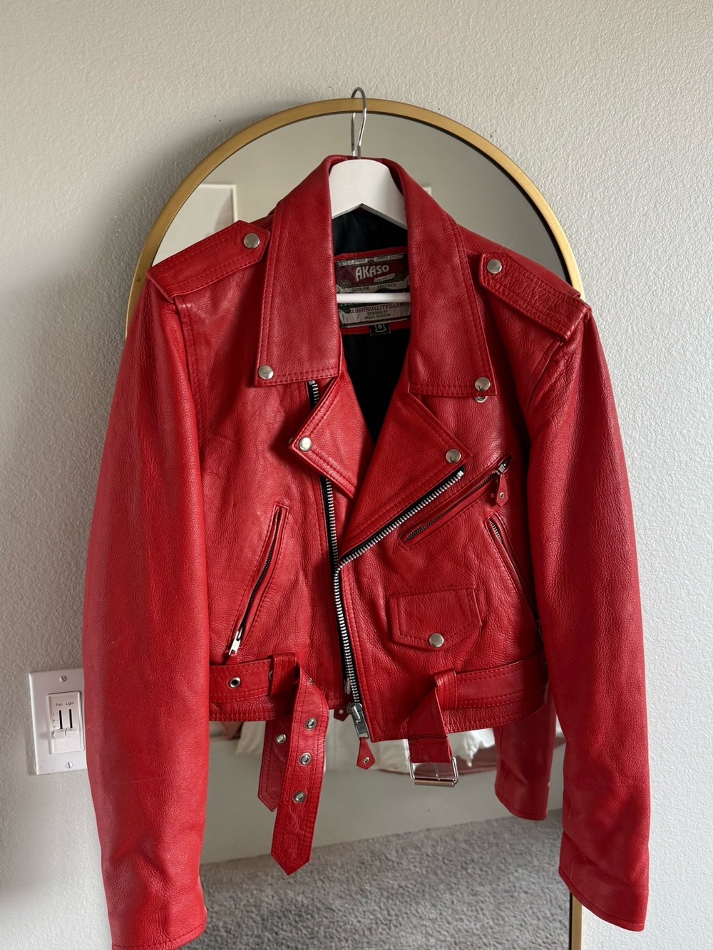 Vintage Red Leather Biker Jacket with Silver Hardware